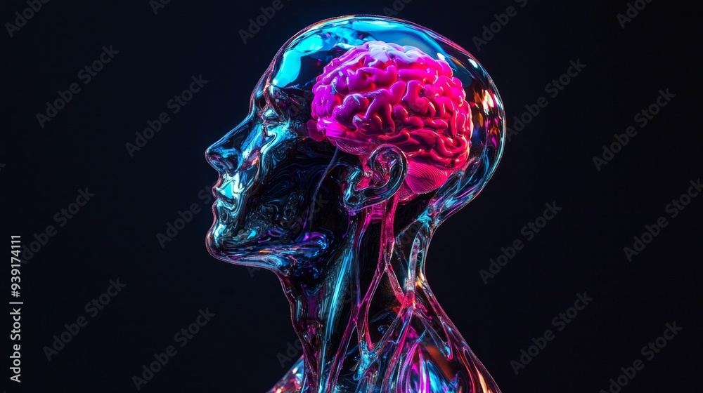 glass figure, close up of back of head and neck, chrome spine, head brain is full of multi-coloured glowing fear-fluid gloop liquid, black background glass figure, close up of back of head and neck, chrome spine, head brain is full of multi-coloured glowing fear-fluid gloop liquid, black background