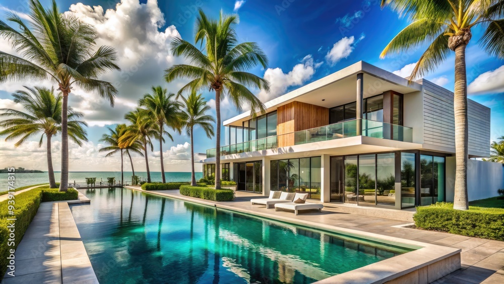 Palm trees sway in front of a modern, ocean-facing mansion with sleek architecture, turquoise pool, and sun-kissed patio in Miami's luxurious coastal neighborhood. Palm trees sway in front of a modern, ocean-facing mansion with sleek architecture, turquoise pool, and sun-kissed patio in Miami's luxurious coastal neighborhood.