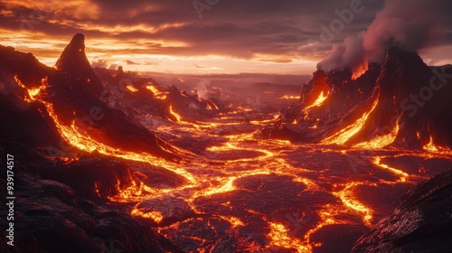 Molten Lava Flowing Through a Volcanic Landscape at Sunset