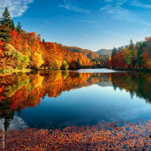 秋の紅葉の鮮やかな色を映し出す鏡のような湖