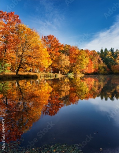  秋の紅葉の鮮やかな色を映し出す鏡のような湖