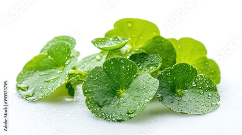 Centella Asiatica with Dew and Rose Extract on White Background: A Fresh and Natural Image Featuring Centella Asiatica Leaves Adorned with Dew Drops and Highlighted with Rose Extract.