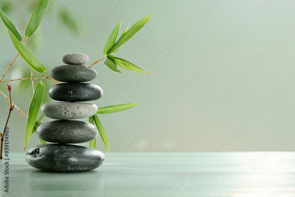 Naklejka premium Stacked stones and bamboo leaves on a light green table top.