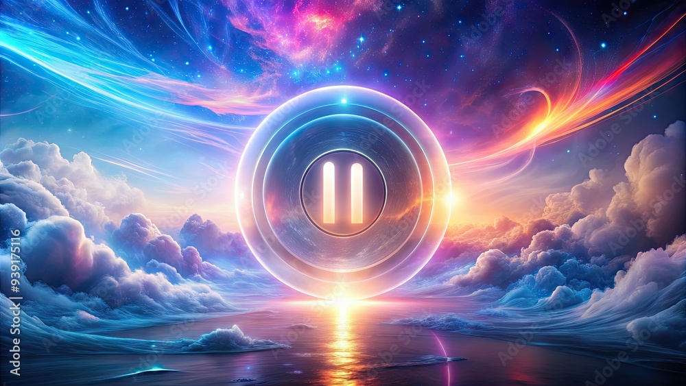 Obraz premium Pause-Button-Icon-Surreal-Dreamscape: Enigmatic pause icon set within a surreal dreamscape, blurring the boundaries of reality and imagination.