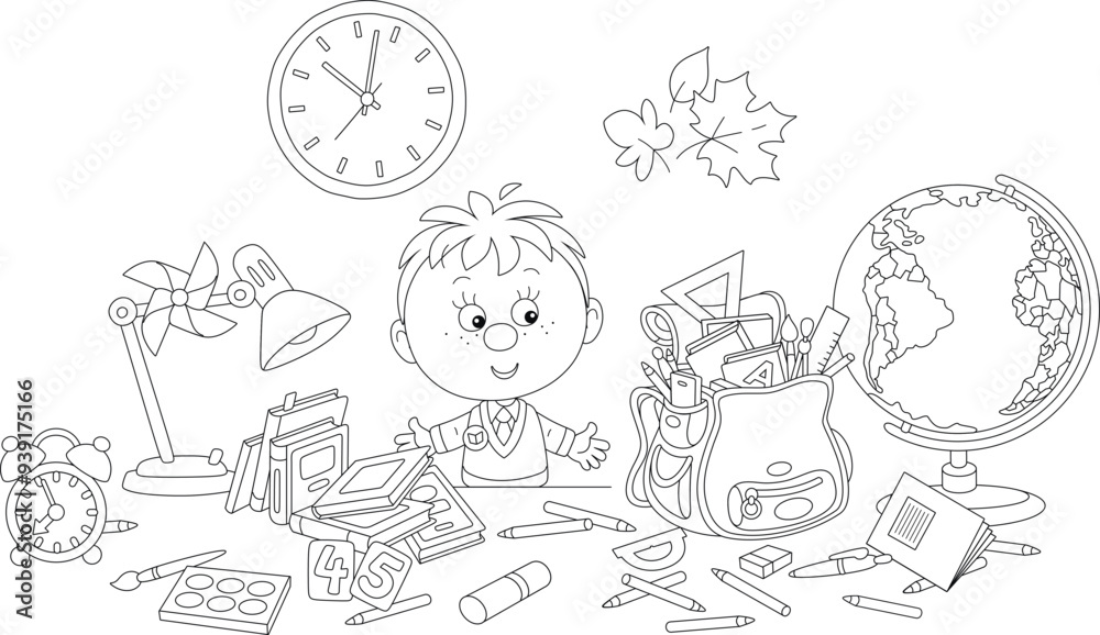 Funny little schoolboy first grader completing his schoolbag with textbooks, exercise books, rules, pencils and pens before start of classes, black and white vector illustration for a coloring book Funny little schoolboy first grader completing his schoolbag with textbooks, exercise books, rules, pencils and pens before start of classes, black and white vector illustration for a coloring book