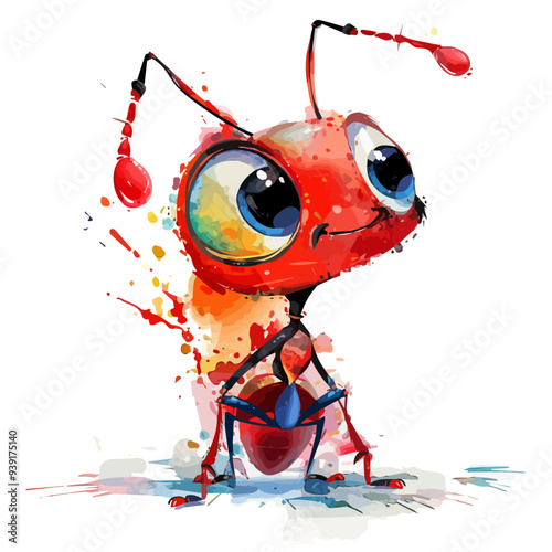 Vector illustration of a cartoon animation of Ant, painted in watercolor, isolated on a white background, Ant animation