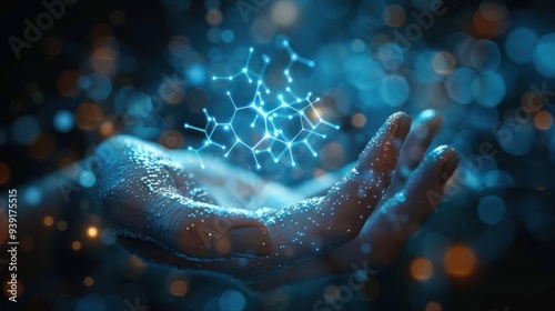 A 3d rendering of molecules abstraction hovering over a man's palm in blue light