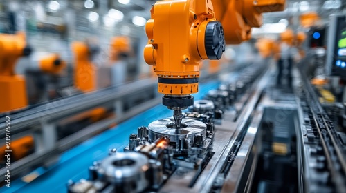 Robotic arm in a high-tech factory setting, performing automated tasks, modern industrial environment  photo