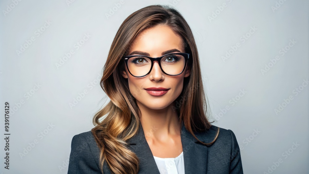 Portrait of a confident, professional woman wearing trendy glasses, isolated on a white background, conveying intelligence, sophistication, and a sense of modern style.