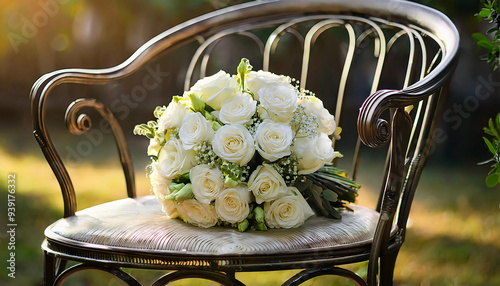 A cascading bridal bouquet of white roses and greenery, carefully placed on a vintage wrough photo