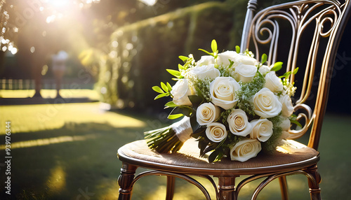A cascading bridal bouquet of white roses and greenery, carefully placed on a vintage wrough photo