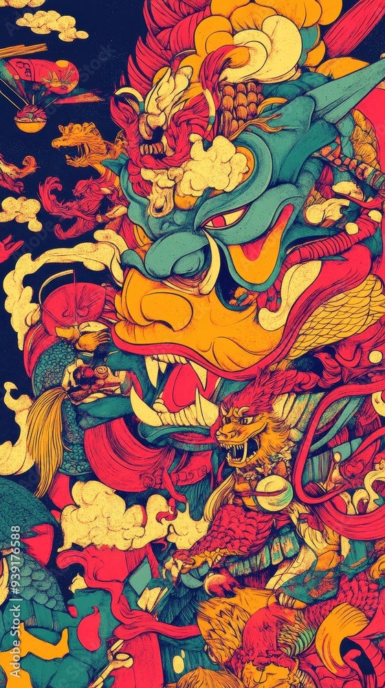 Fototapeta premium A dynamic illustration showcases mythical creatures engaging in a lively battle, bursting with color, against a backdrop of clouds