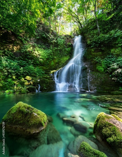 苔むした岩と鮮やかな葉に囲まれた、透明なプールに流れ落ちる美しい滝