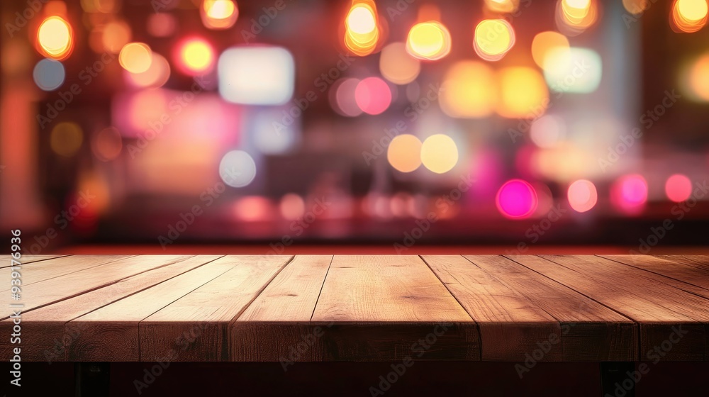 Empty wood table top on abstract blurred restaurant and nightclub lights background - can be used for display or montage your products Empty wood table top on abstract blurred restaurant and nightclub lights background - can be used for display or montage your products