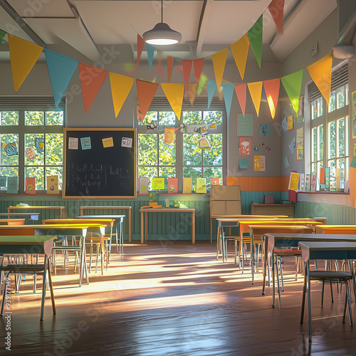 Bright and cheerful classroom with colorful decorations and natural light
 photo