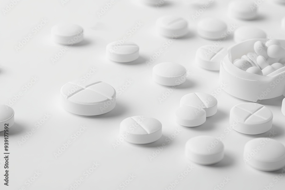 White pills scattered on a white background with one pill in focus. White pills scattered on a white background with one pill in focus.