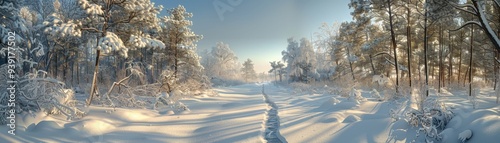 Beautiful winter forest landscape with snow-covered trees and a clear blue sky, perfect for seasonal, outdoor, and nature themes.