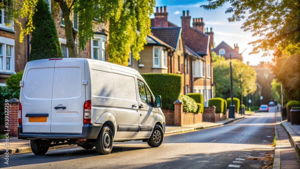 Rear window of a white van parked on a quiet British street, with a blurred UK street sign and trees reflected in the glass. Rear window of a white van parked on a quiet British street, with a blurred UK street sign and trees reflected in the glass.