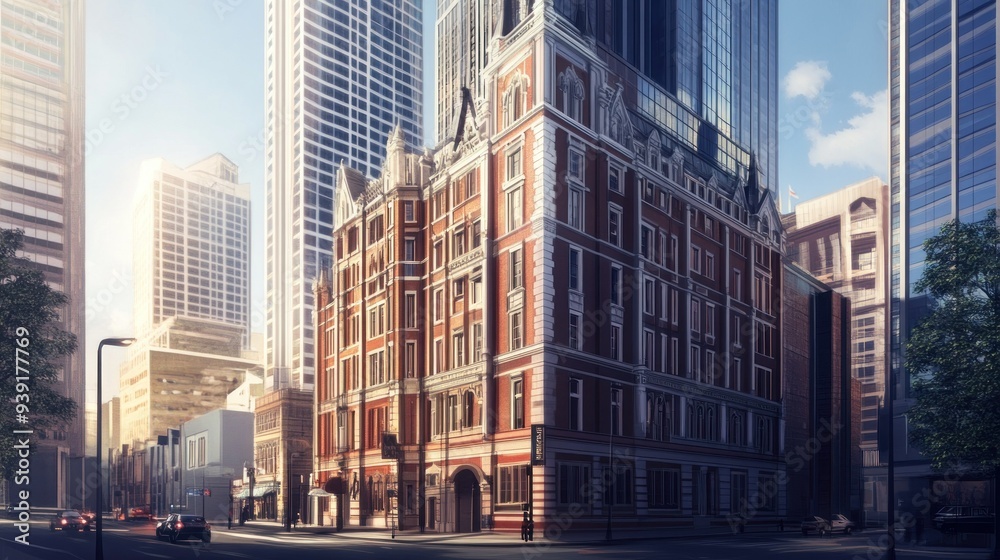 A Corner Building in a Modern City, Bathed in Golden Sunlight
