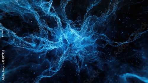 A visually striking abstract image resembling a neuron structure exploding in blue hues against a deep black background photo