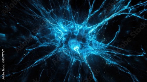 A visually striking abstract image resembling a neuron structure exploding in blue hues against a deep black background photo