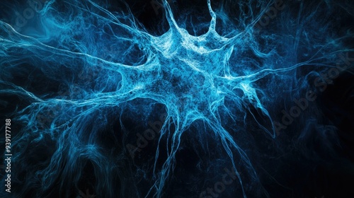 A visually striking abstract image resembling a neuron structure exploding in blue hues against a deep black background photo