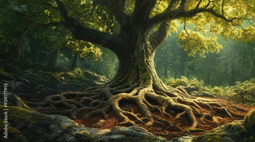 Ancient Tree with Exposed Roots in a Sun-Dappled Forest Ancient Tree with Exposed Roots in a Sun-Dappled Forest