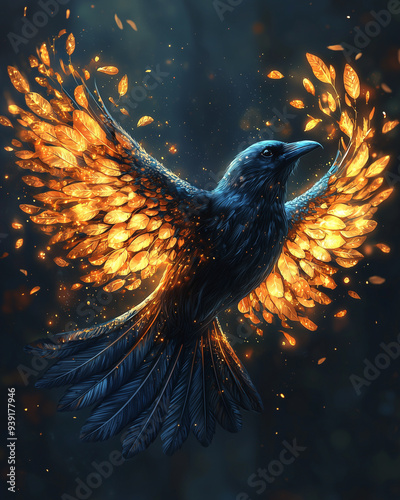 Fiery raven in flight with burning wings against a dark, mystical backdrop
 photo