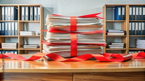 Red tape and paperwork overwhelm a desk, symbolizing the frustration and inefficiency of a slow-moving, overly complicated bureaucratic system hindering progress. photo