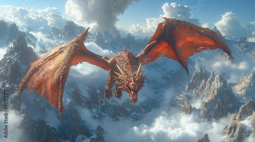 Flying dragon soaring over a majestic mountain range in a fantasy world
 photo