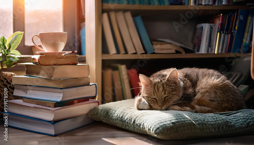 Wallpaper Mural A cozy corner with a pile of books, a cup of tea, and a sleeping cat  Torontodigital.ca