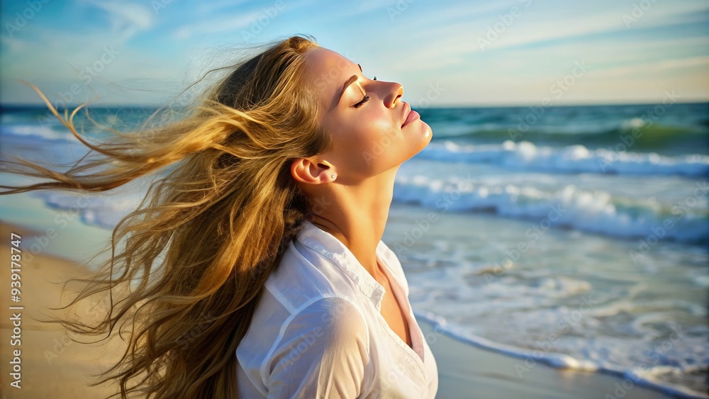 Relaxed young female sits on a sunny beach with her eyes closed, face tilted upwards, and hair blowing gently in the ocean breeze. Relaxed young female sits on a sunny beach with her eyes closed, face tilted upwards, and hair blowing gently in the ocean breeze.