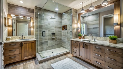 Renovated Bathroom Features Modern Fixtures, Sleek Cabinetry, And A Spacious Walk-In Shower With Glass Doors And Stone Surround.