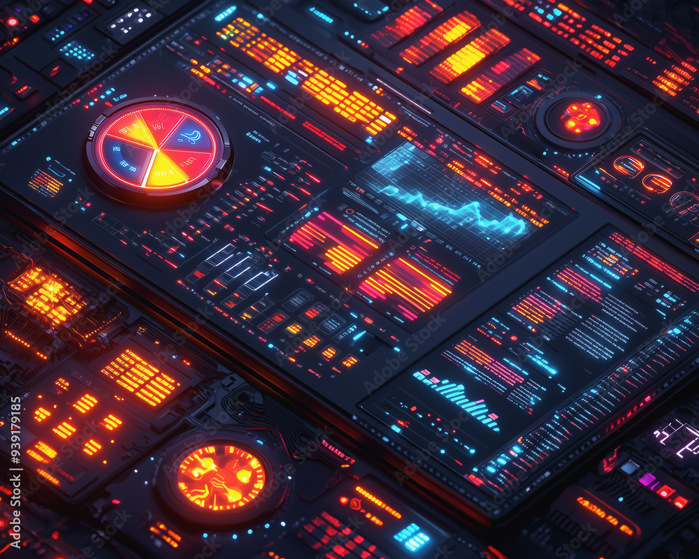 Obraz premium Futuristic data dashboard with glowing charts and graphs in digital interface 