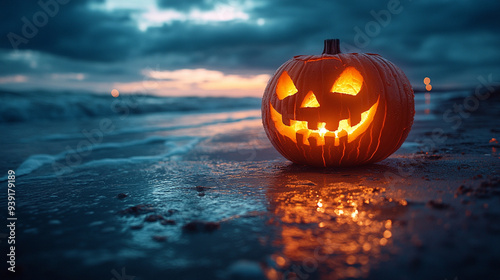 Halloween jack o' lantern pumpkin on the beach photo