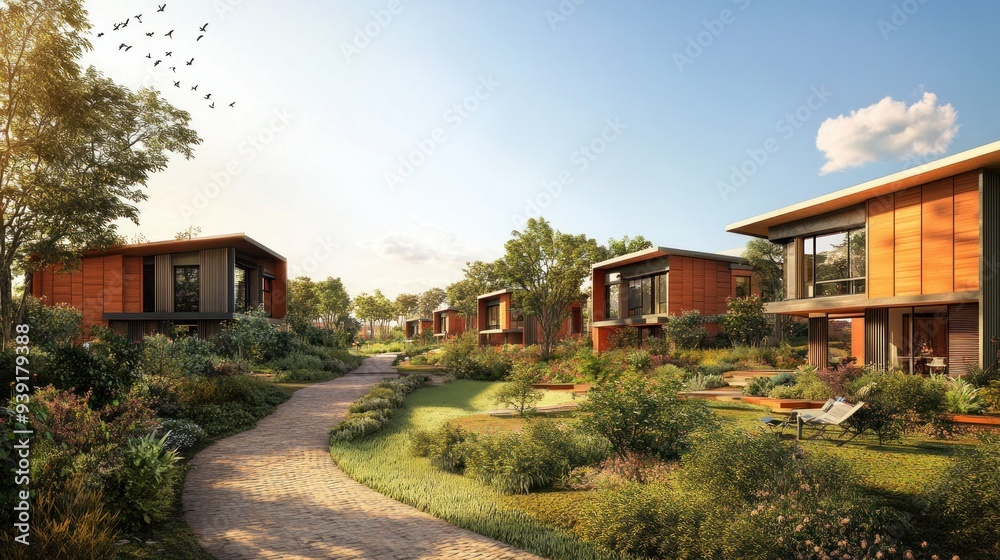Modern Homes with Stone Path and Lush Greenery Modern Homes with Stone Path and Lush Greenery