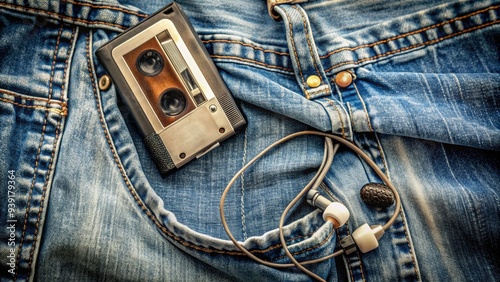 Retro portable music player with earbuds and cassette tape, lying on a worn denim jeans pocket, evoking nostalgia for the bygone music era. photo