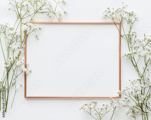 Minimalistic copper frame with delicate white flowers on a soft white background.

