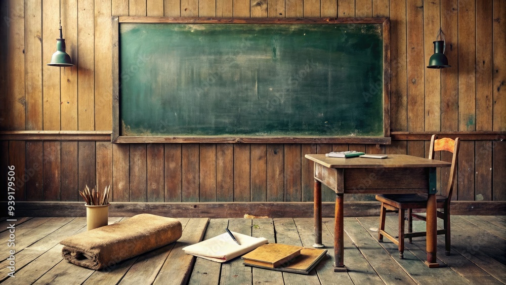 Retro-style classroom scene featuring a worn wooden chalkboard with faint English lesson notes and a few pieces of chalk scattered at the bottom.