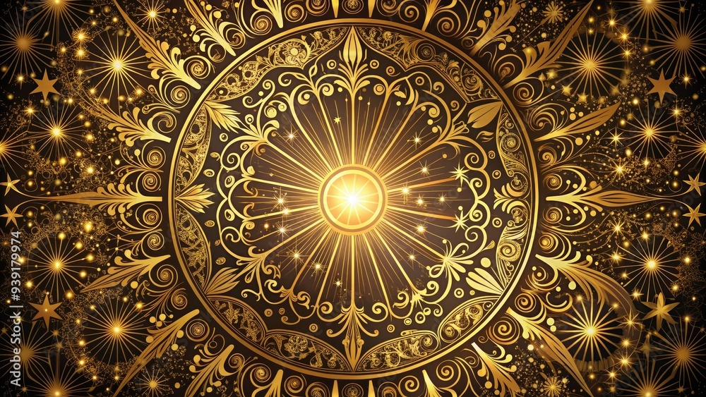 Retro-style starburst design on a worn, circular background, surrounded by ornate, golden filigree patterns and subtle, shimmering effects, evoking a nostalgic, celestial feel. Retro-style starburst design on a worn, circular background, surrounded by ornate, golden filigree patterns and subtle, shimmering effects, evoking a nostalgic, celestial feel.