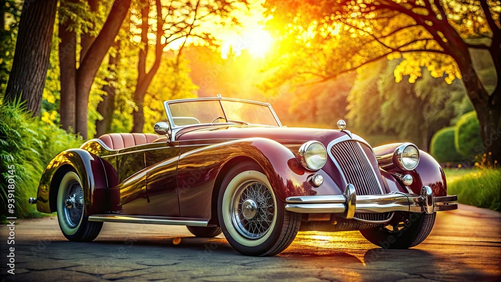Retro-styled classic roadster with curved lines, chrome accents, and a rich leather interior, set against a warm, sunny backdrop with lush greenery. Retro-styled classic roadster with curved lines, chrome accents, and a rich leather interior, set against a warm, sunny backdrop with lush greenery.