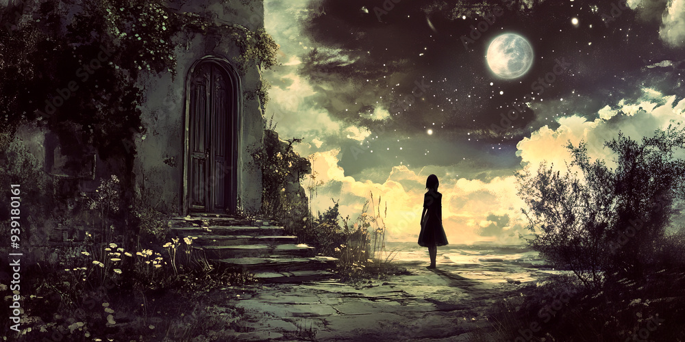 Fototapeta premium Girl Standing Near Old House Under Moonlight 