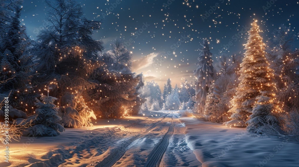 Enchanting snowy forest illuminated with festive lights, capturing the magic of a winter wonderland during a peaceful snowfall. Enchanting snowy forest illuminated with festive lights, capturing the magic of a winter wonderland during a peaceful snowfall.