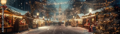 Magical Christmas market at night with festive lights, decorated stalls, snow-covered ground, and joyful holiday atmosphere.