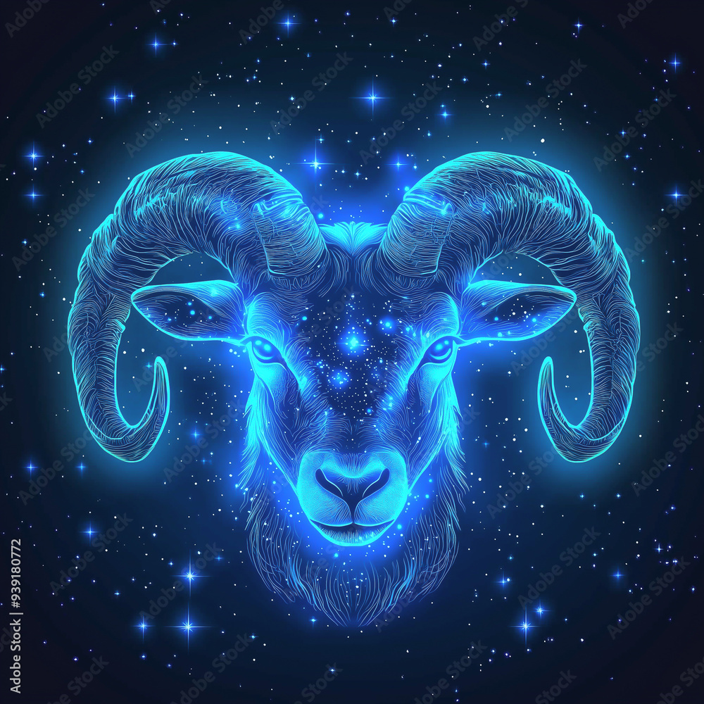 Glowing blue ram surrounded by a cosmic halo in a starry night sky.
Glowing blue ram surrounded by a cosmic halo in a starry night sky.
