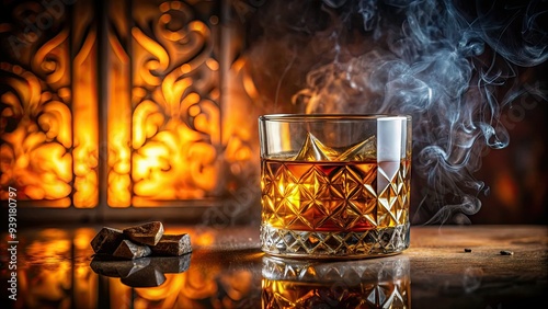 Rich amber whiskey glows in a ornate glass against a mysterious dark background, inviting relaxation and sophistication in a warm and intimate atmosphere.