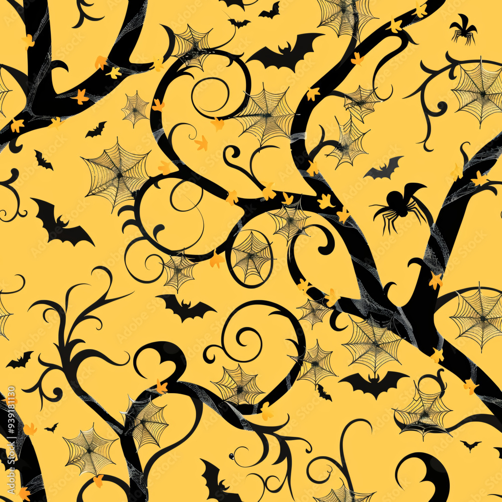 Spider web on bare tree, seamless pattern on yellow background with bats, halloween vibes Spider web on bare tree, seamless pattern on yellow background with bats, halloween vibes