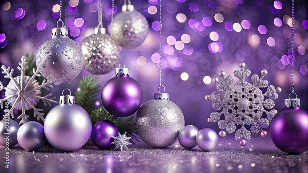 Richly textured purple background adorned with modern silver ornaments, snowflakes, and subtle bokeh lights, evoking a luxurious and sophisticated Christmas atmosphere. Richly textured purple background adorned with modern silver ornaments, snowflakes, and subtle bokeh lights, evoking a luxurious and sophisticated Christmas atmosphere.