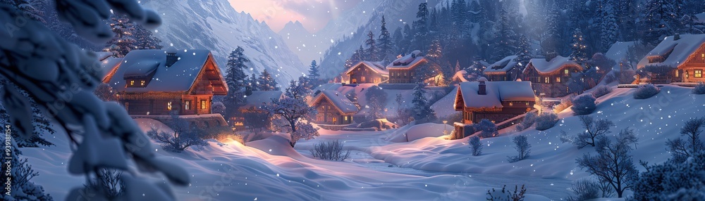 Fototapeta premium Snowy village with cozy cabins in a mountain landscape during winter evening, with warm lights and falling snow.