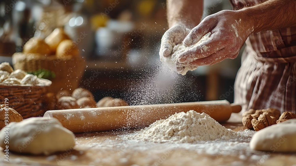Baker's Hand Dusting Rice Flour Over Wooden Countertop For Baking Dough Baker's Hand Dusting Rice Flour Over Wooden Countertop For Baking Dough